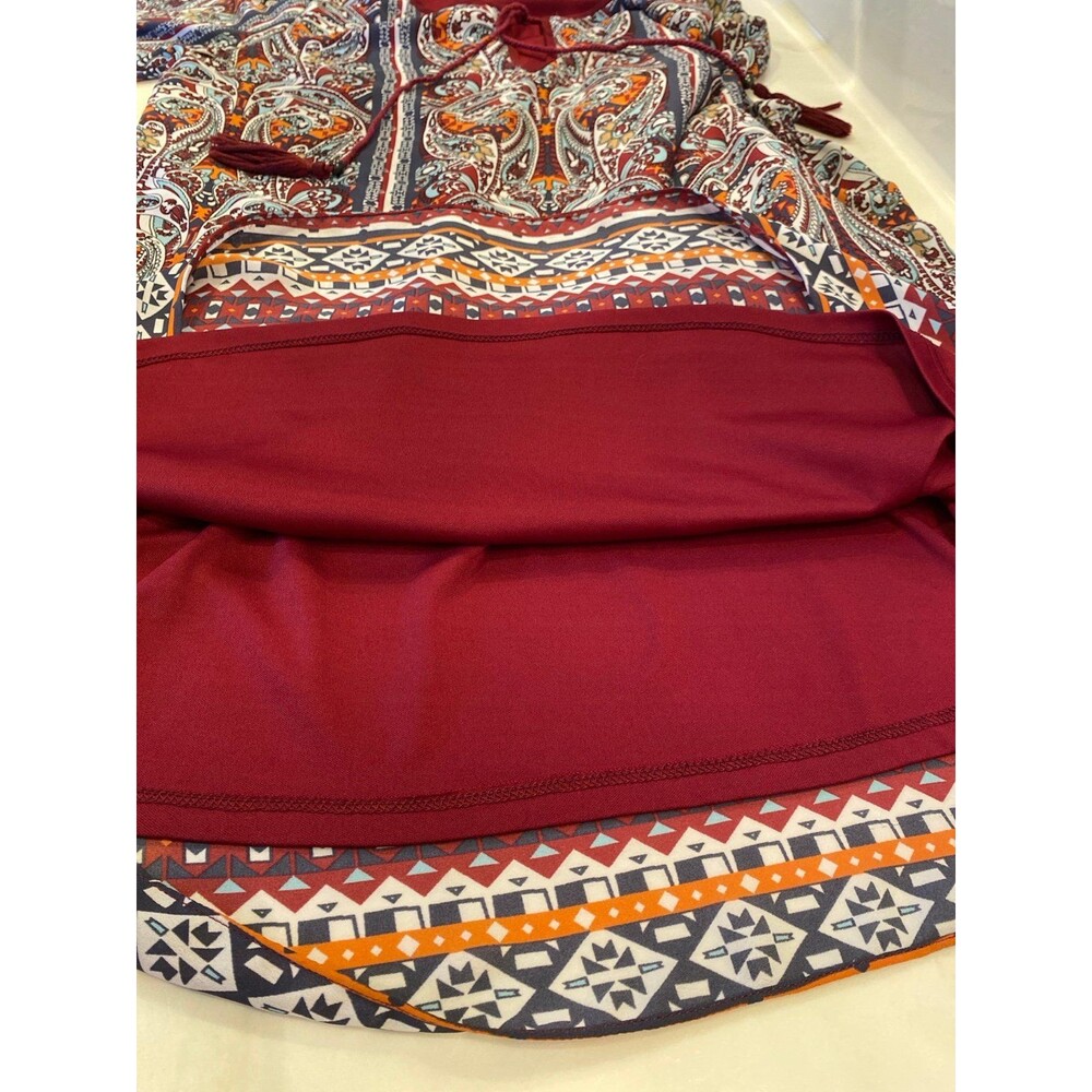 My Michelle Boho Paisley Dress Size Large Bell Sleeve Tunic Burgundy Hippie ‘70 - Picture 9 of 12